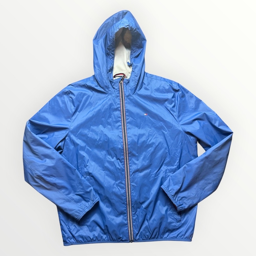 Tommy Hilfiger Mens Blue Hooded Windbreaker Jacket Water Resistant Size L